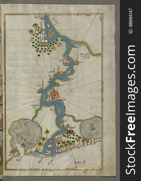 Illuminated Manuscript, Map Of The River Nile From Its Estuary South From Book On Navigation, Walters Art Museum Ms. W.658, Fol.30