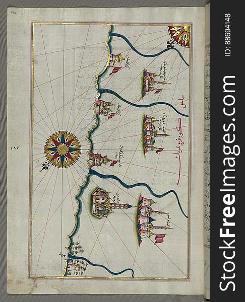 Illuminated Manuscript, Map of fortresses and towns south of Ancona, including Loreto from Book on Navigation, Walters Art Museum