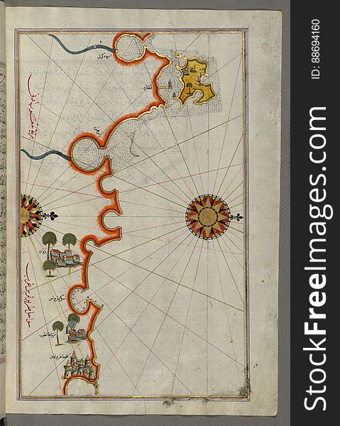 Illuminated Manuscript, Map Of The Coast Of Tripoli &x28;á¹¬arÄbulus&x29; &x28;Libya&x29; From Book On Navigation, Walters Ar