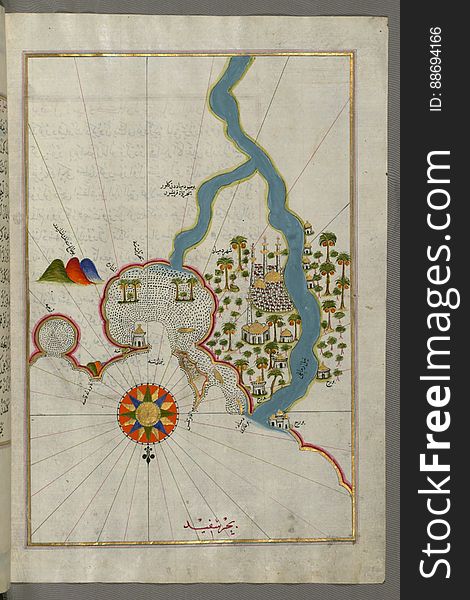 Illuminated Manuscript, Map Of The City Of Damietta &x28;Shahr-i DumyÄd&x29; On The Egyptian Coast From Book On Navigation, Wal