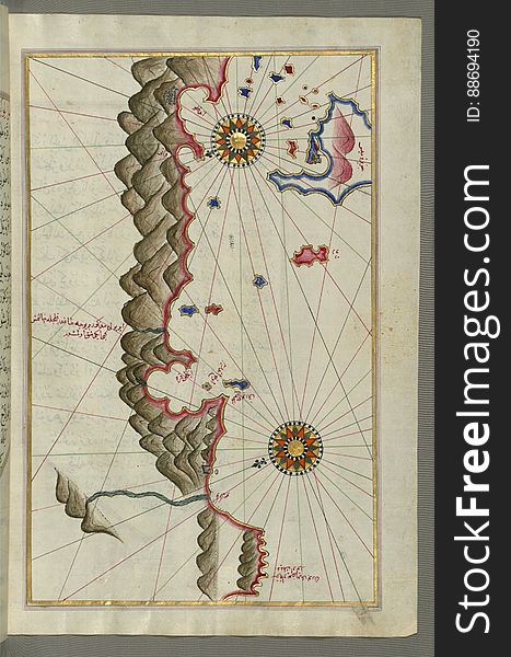 Originally composed in 932 AH / 1525 CE and dedicated to Sultan Süleyman I &#x28;&quot;The Magnificent&quot;&#x29;, this great work by Piri Reis &#x28;d. 962 AH / 1555 CE&#x29; on navigation was later revised and expanded. The present manuscript, made mostly in the late 11th AH / 17th CE century, is based on the later expanded version with some 240 exquisitely executed maps and portolan charts. They include a world map &#x28;fol.41a&#x29; with the outline of the Americas, as well as coastlines &#x28;bays, capes, peninsulas&#x29;, islands, mountains and cities of the Mediterranean basin and the Black Sea. The work starts with the description of the coastline of Anatolia and the islands of the Aegean Sea, the Peloponnese peninsula and eastern and western coasts of the Adriatic Sea. It then proceeds to describe the western shores of Italy, southern France, Spain, North Africa, Palestine, Israel, Lebanon, Syria, western Anatolia, various islands north of Crete, Sea of Marmara, Bosporus and the Black Sea. It ends with a map of the shores of the the Caspian Sea &#x28;fol.374a&#x29;. See this manuscript page by page at the Walters Art Museum website: art.thewalters.org/viewwoa.aspx?id=19195. Originally composed in 932 AH / 1525 CE and dedicated to Sultan Süleyman I &#x28;&quot;The Magnificent&quot;&#x29;, this great work by Piri Reis &#x28;d. 962 AH / 1555 CE&#x29; on navigation was later revised and expanded. The present manuscript, made mostly in the late 11th AH / 17th CE century, is based on the later expanded version with some 240 exquisitely executed maps and portolan charts. They include a world map &#x28;fol.41a&#x29; with the outline of the Americas, as well as coastlines &#x28;bays, capes, peninsulas&#x29;, islands, mountains and cities of the Mediterranean basin and the Black Sea. The work starts with the description of the coastline of Anatolia and the islands of the Aegean Sea, the Peloponnese peninsula and eastern and western coasts of the Adriatic Sea. It then proceeds to describe the western shores of Italy, southern France, Spain, North Africa, Palestine, Israel, Lebanon, Syria, western Anatolia, various islands north of Crete, Sea of Marmara, Bosporus and the Black Sea. It ends with a map of the shores of the the Caspian Sea &#x28;fol.374a&#x29;. See this manuscript page by page at the Walters Art Museum website: art.thewalters.org/viewwoa.aspx?id=19195