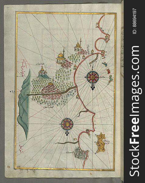 Illuminated Manuscript, Map Of The City Of Tripoli &x28;á¹¬arÄbulusâ€“i ShÄm&x29; &x28;Lebanon&x29; From Book On Navigation,
