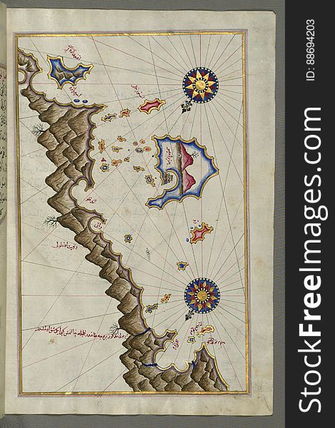 Originally composed in 932 AH / 1525 CE and dedicated to Sultan SÃ¼leyman I &#x28;&quot;The Magnificent&quot;&#x29;, this great work by Piri Reis &#x28;d. 962 AH / 1555 CE&#x29; on navigation was later revised and expanded. The present manuscript, made mostly in the late 11th AH / 17th CE century, is based on the later expanded version with some 240 exquisitely executed maps and portolan charts. They include a world map &#x28;fol.41a&#x29; with the outline of the Americas, as well as coastlines &#x28;bays, capes, peninsulas&#x29;, islands, mountains and cities of the Mediterranean basin and the Black Sea. The work starts with the description of the coastline of Anatolia and the islands of the Aegean Sea, the Peloponnese peninsula and eastern and western coasts of the Adriatic Sea. It then proceeds to describe the western shores of Italy, southern France, Spain, North Africa, Palestine, Israel, Lebanon, Syria, western Anatolia, various islands north of Crete, Sea of Marmara, Bosporus and the Black Sea. It ends with a map of the shores of the the Caspian Sea &#x28;fol.374a&#x29;. See this manuscript page by page at the Walters Art Museum website: art.thewalters.org/viewwoa.aspx?id=19195. Originally composed in 932 AH / 1525 CE and dedicated to Sultan SÃ¼leyman I &#x28;&quot;The Magnificent&quot;&#x29;, this great work by Piri Reis &#x28;d. 962 AH / 1555 CE&#x29; on navigation was later revised and expanded. The present manuscript, made mostly in the late 11th AH / 17th CE century, is based on the later expanded version with some 240 exquisitely executed maps and portolan charts. They include a world map &#x28;fol.41a&#x29; with the outline of the Americas, as well as coastlines &#x28;bays, capes, peninsulas&#x29;, islands, mountains and cities of the Mediterranean basin and the Black Sea. The work starts with the description of the coastline of Anatolia and the islands of the Aegean Sea, the Peloponnese peninsula and eastern and western coasts of the Adriatic Sea. It then proceeds to describe the western shores of Italy, southern France, Spain, North Africa, Palestine, Israel, Lebanon, Syria, western Anatolia, various islands north of Crete, Sea of Marmara, Bosporus and the Black Sea. It ends with a map of the shores of the the Caspian Sea &#x28;fol.374a&#x29;. See this manuscript page by page at the Walters Art Museum website: art.thewalters.org/viewwoa.aspx?id=19195