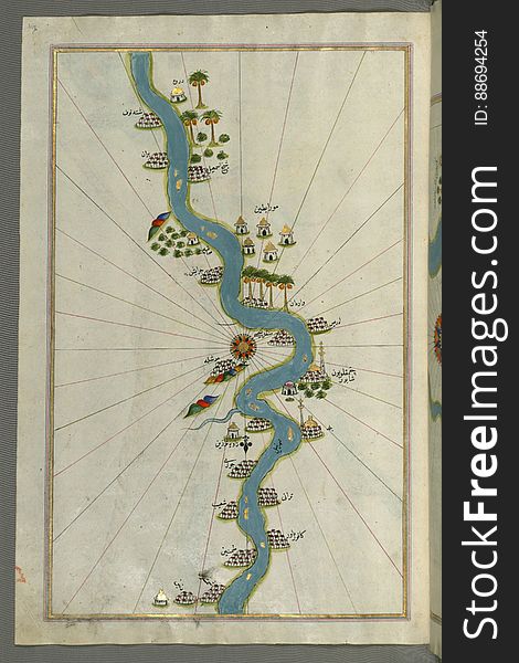 Illuminated Manuscript, Map Of The River Nile With Various Oases On Each Side From Book On Navigation, Walters Art Museum Ms. W.65