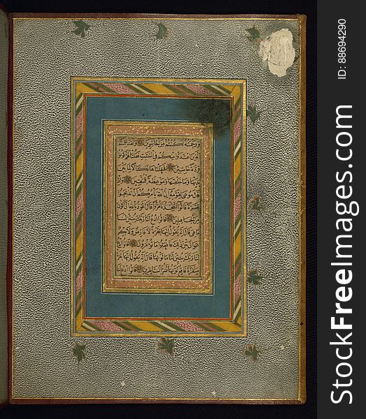 An album &#x28;muraqqaʿ&#x29; of calligraphy in the form of an accordion book put together by an anonymous collector, probably in the 12th century AH/ 18th CE. It consists of leaves bearing fragmentary passages from the Qur’an &#x28;Sūrat al-baqarah, 2:65-68 and Sūrat al-nisāʾ, 4:103-106&#x29;, some sayings of the Prophet Muhammad, and two sheets of pen exercises &#x28;ḳaralama&#x29;. Folio 5a bears the name of the celebrated Ottoman calligrapher Şeyh Hamdullah &#x28;Ḥamd Allāh al-Amāsī, d. 926 AH /1520 CE&#x29;. This calligraphic page with verses from Sūrat al-baqarah, 2:65-68, is framed by an outer border of beautiful marbled paper. It belongs to an album of Ottoman calligraphy associated with Şeyh Hamdullah &#x28;d. 926 AH / 1520 CE&#x29; that was probably compiled in the 12th century AH/ 18th CE. An album &#x28;muraqqaʿ&#x29; of calligraphy in the form of an accordion book put together by an anonymous collector, probably in the 12th century AH/ 18th CE. It consists of leaves bearing fragmentary passages from the Qur’an &#x28;Sūrat al-baqarah, 2:65-68 and Sūrat al-nisāʾ, 4:103-106&#x29;, some sayings of the Prophet Muhammad, and two sheets of pen exercises &#x28;ḳaralama&#x29;. Folio 5a bears the name of the celebrated Ottoman calligrapher Şeyh Hamdullah &#x28;Ḥamd Allāh al-Amāsī, d. 926 AH /1520 CE&#x29;. This calligraphic page with verses from Sūrat al-baqarah, 2:65-68, is framed by an outer border of beautiful marbled paper. It belongs to an album of Ottoman calligraphy associated with Şeyh Hamdullah &#x28;d. 926 AH / 1520 CE&#x29; that was probably compiled in the 12th century AH/ 18th CE.