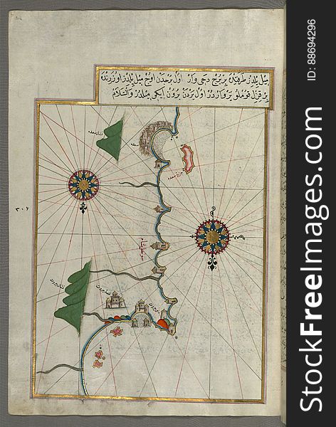 Illuminated Manuscript, Map Of The Eastern Mediterranean Coast As Far As The City Of Beirut &x28;Lebanon&x29; From Book On Navig