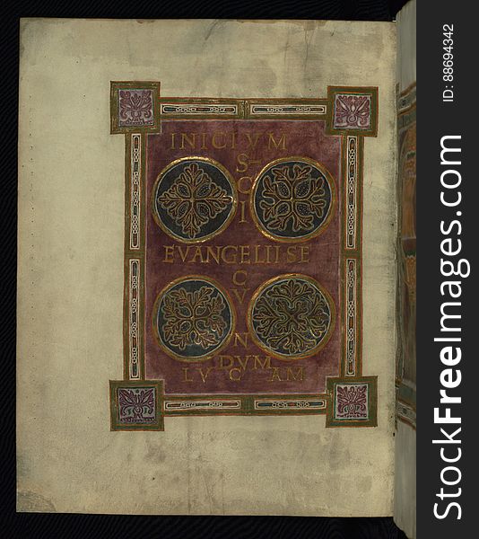 This manuscript consists of four folios from a Gospel Book that was likely made at the monastery of Corvey in Western Germany during the last quarter of the tenth century. Dating to the reign of Otto I, these pages offer a magnificent example of early Ottonian manuscript illumination. The heavily ornamented pages, which introduce the Gospels of Luke and John, shine with gold and jewel-like colors against dyed purple grounds. These pages combine monumental classicizing square capitals on purple grounds with rich and complex interlace. This fragment contains the opening pages of Luke &#x28;fols. 93-94&#x29; and John &#x28;fols. 137-138&#x29; that were originally part of Ms. 10 from the Bibliotheque Municipale in Rheims, a Gospel Book originally owned by the Chapter Library of the Cathedral of Rheims until it was confiscated, along with the rest of the cathedral&#x27;s manuscripts, during the French Revolution. Related manuscripts include Pierpont Morgan Library Ms. M. 755 and New York Public Library Ms. 1. This manuscript consists of four folios from a Gospel Book that was likely made at the monastery of Corvey in Western Germany during the last quarter of the tenth century. Dating to the reign of Otto I, these pages offer a magnificent example of early Ottonian manuscript illumination. The heavily ornamented pages, which introduce the Gospels of Luke and John, shine with gold and jewel-like colors against dyed purple grounds. These pages combine monumental classicizing square capitals on purple grounds with rich and complex interlace. This fragment contains the opening pages of Luke &#x28;fols. 93-94&#x29; and John &#x28;fols. 137-138&#x29; that were originally part of Ms. 10 from the Bibliotheque Municipale in Rheims, a Gospel Book originally owned by the Chapter Library of the Cathedral of Rheims until it was confiscated, along with the rest of the cathedral&#x27;s manuscripts, during the French Revolution. Related manuscripts include Pierpont Morgan Library Ms. M. 755 and New York Public Library Ms. 1.