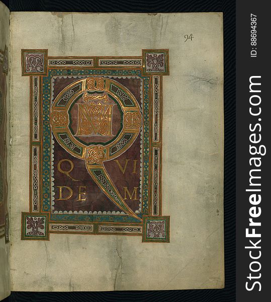 This manuscript consists of four folios from a Gospel Book that was likely made at the monastery of Corvey in Western Germany during the last quarter of the tenth century. Dating to the reign of Otto I, these pages offer a magnificent example of early Ottonian manuscript illumination. The heavily ornamented pages, which introduce the Gospels of Luke and John, shine with gold and jewel-like colors against dyed purple grounds. These pages combine monumental classicizing square capitals on purple grounds with rich and complex interlace. This fragment contains the opening pages of Luke &#x28;fols. 93-94&#x29; and John &#x28;fols. 137-138&#x29; that were originally part of Ms. 10 from the Bibliotheque Municipale in Rheims, a Gospel Book originally owned by the Chapter Library of the Cathedral of Rheims until it was confiscated, along with the rest of the cathedral&#x27;s manuscripts, during the French Revolution. Related manuscripts include Pierpont Morgan Library Ms. M. 755 and New York Public Library Ms. 1. This manuscript consists of four folios from a Gospel Book that was likely made at the monastery of Corvey in Western Germany during the last quarter of the tenth century. Dating to the reign of Otto I, these pages offer a magnificent example of early Ottonian manuscript illumination. The heavily ornamented pages, which introduce the Gospels of Luke and John, shine with gold and jewel-like colors against dyed purple grounds. These pages combine monumental classicizing square capitals on purple grounds with rich and complex interlace. This fragment contains the opening pages of Luke &#x28;fols. 93-94&#x29; and John &#x28;fols. 137-138&#x29; that were originally part of Ms. 10 from the Bibliotheque Municipale in Rheims, a Gospel Book originally owned by the Chapter Library of the Cathedral of Rheims until it was confiscated, along with the rest of the cathedral&#x27;s manuscripts, during the French Revolution. Related manuscripts include Pierpont Morgan Library Ms. M. 755 and New York Public Library Ms. 1.