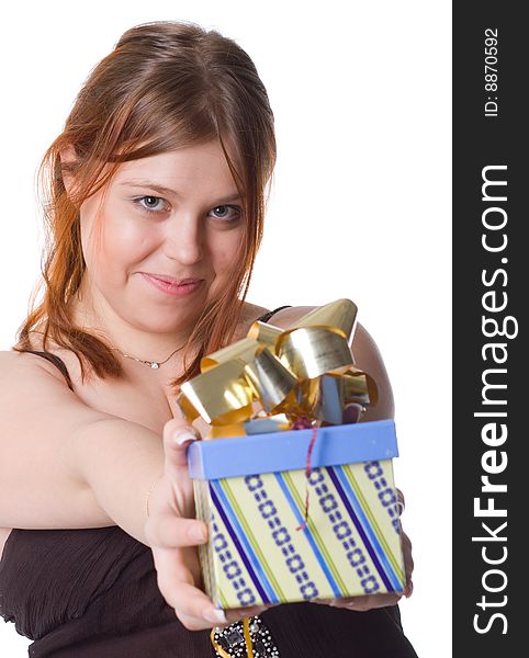 Young beautiful woman holding gift box (over white)