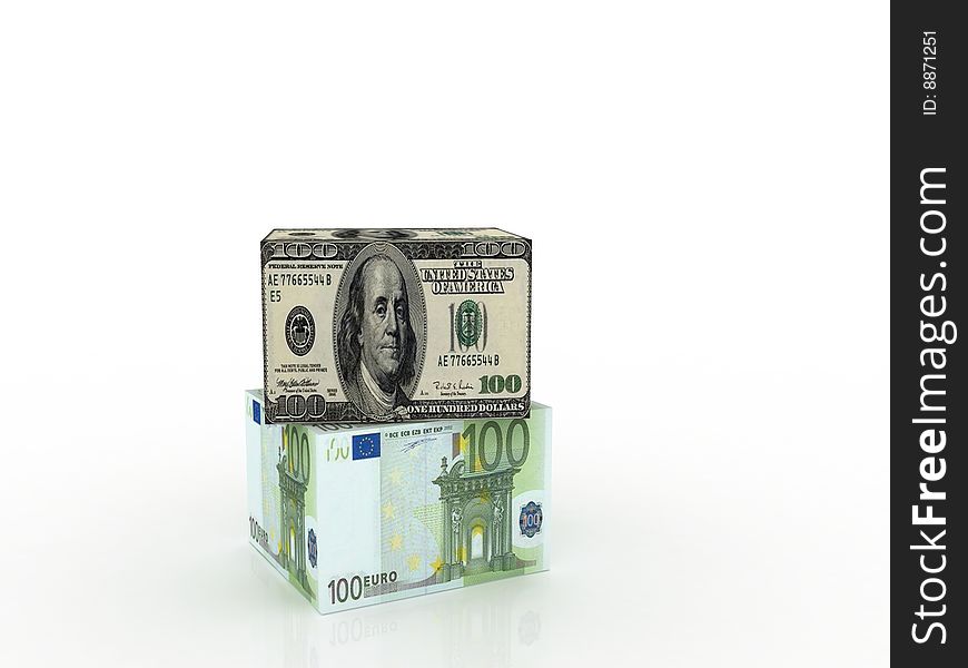 3d dollar and euro boxes on an isolated white background