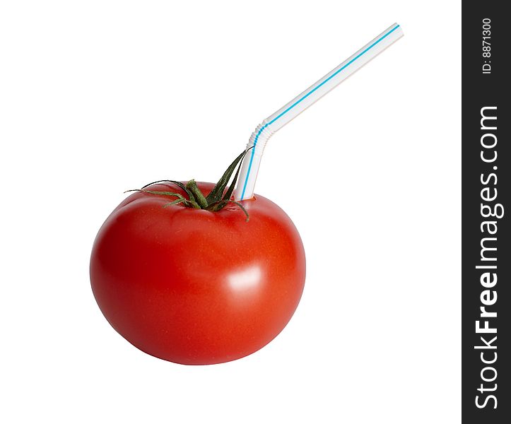 Tomato with straw isolated on white.  Idea of nature products, juices and healthy eating.