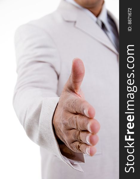 Close view of offering hand shake on an isolated white background