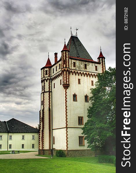 White tower of Hradec nad Moravici castle from Czech republic