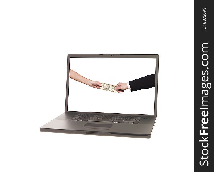 Laptop displaying two people exchanges money. Laptop displaying two people exchanges money