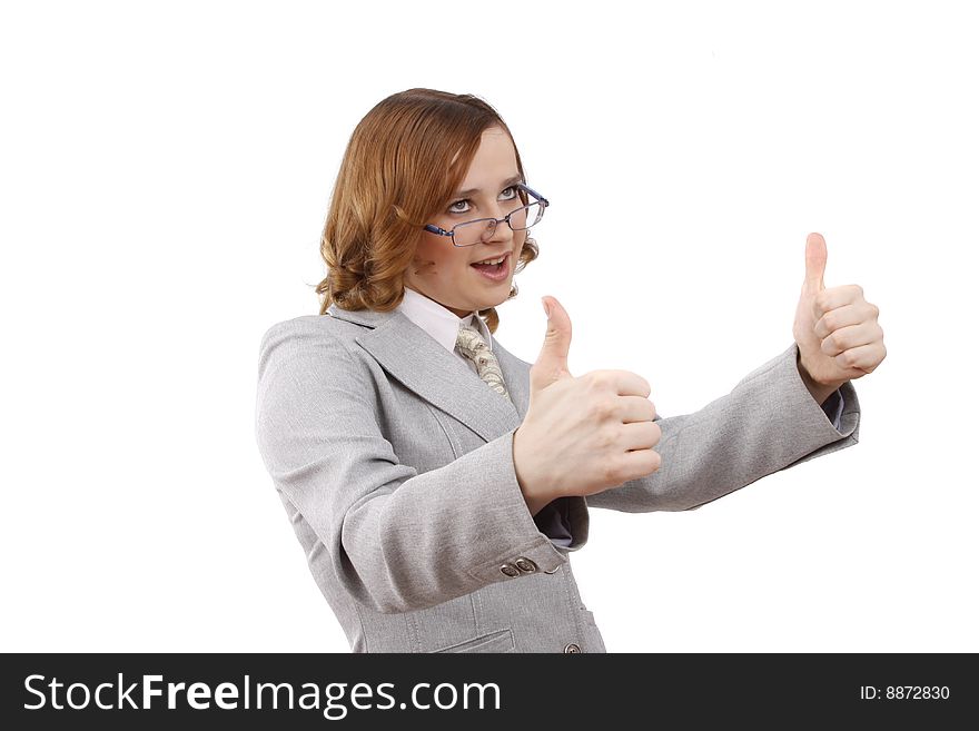 Businesswoman showing thumbs up on white background. Young woman looking into the camera while giving an ok gesture with her forward hand. Happiness girl shows OK. OK sign. Businesswoman with thumb up. Isolated on white background. Businesswoman showing thumbs up on white background. Young woman looking into the camera while giving an ok gesture with her forward hand. Happiness girl shows OK. OK sign. Businesswoman with thumb up. Isolated on white background.