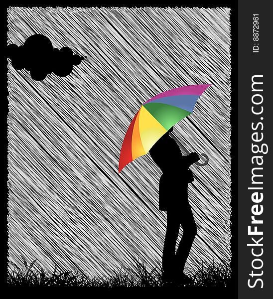 An illustration of a girl's silhouette with a colorful umbrella. An illustration of a girl's silhouette with a colorful umbrella