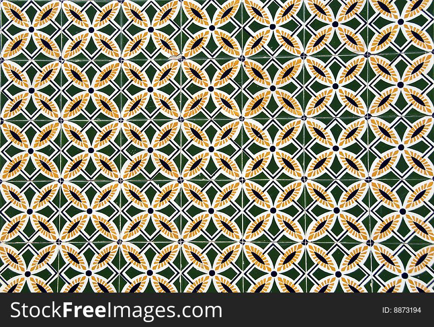 Glazed tiles with blue, green, yellow and white simple pattern. Glazed tiles with blue, green, yellow and white simple pattern