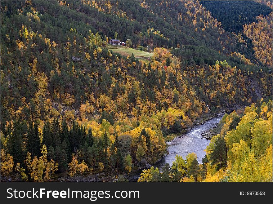 Mountain house in forest near river Norway