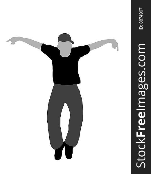 Smart guy dancing with arms out on white background
