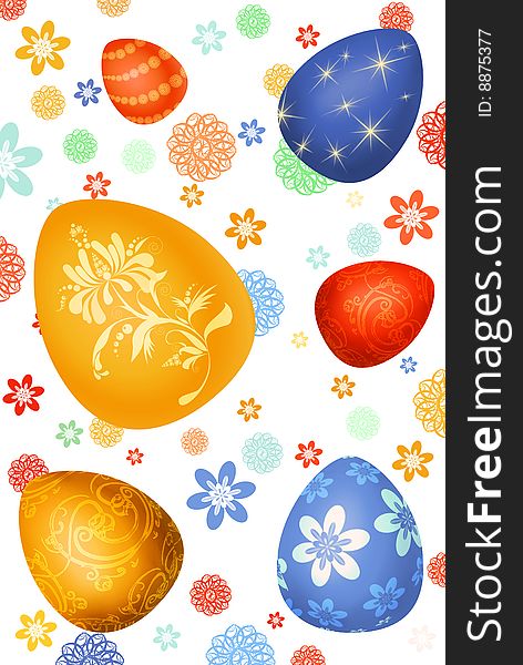 White background with easter-eggs and decorative flowers. White background with easter-eggs and decorative flowers