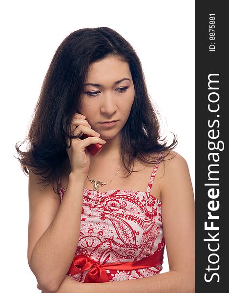 Close-up isolated portrait. Elegant lady calls by phone