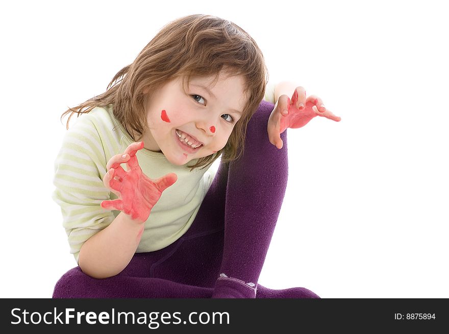 Close-up portrait of Fanny little girl with painted hands and face, isolated on white