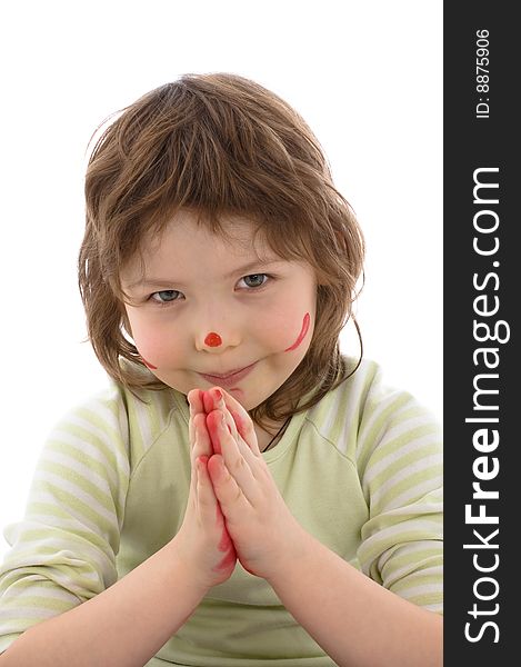 Close-up portrait of Fanny little girl with painted hands and face, isolated on white