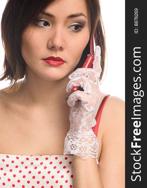 Close-up isolated portrait. Elegant lady calls by phone