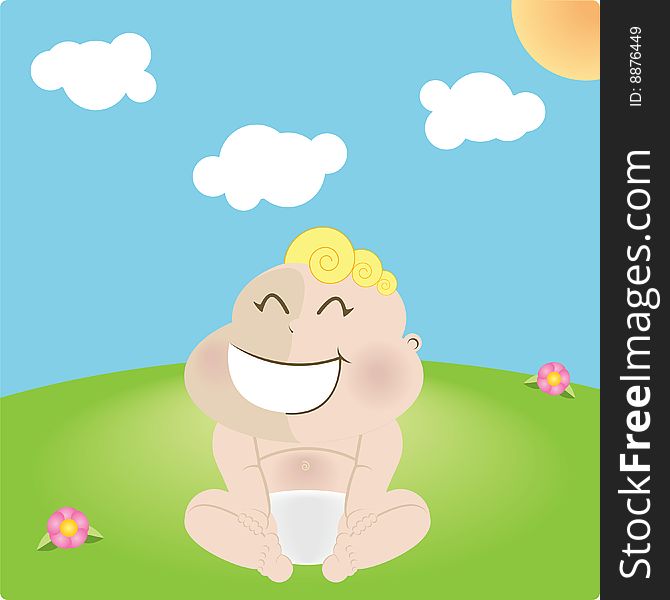 Laughing blond baby enjoying a sunny day.