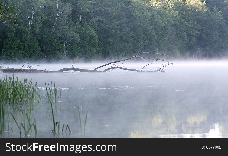 Morning mist rises off Half Moon Pond in Vermont