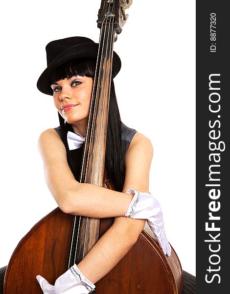 Young beautiful brunette with old contrabass