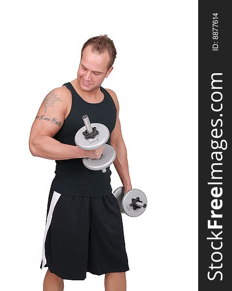 One fit adult man lifting steel weights in a black workout outfit over white. One fit adult man lifting steel weights in a black workout outfit over white