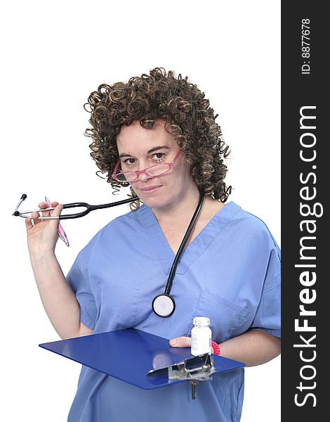 One fuzzy haired woman doctor with stethoscope and pill bottle over white