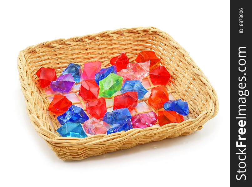 Colored Assorted Gemstones In Wooden Basket