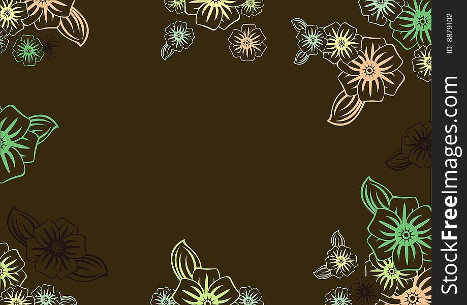 Vector illustration of funky  flowers in retro style on the brown background.  Floral frame.