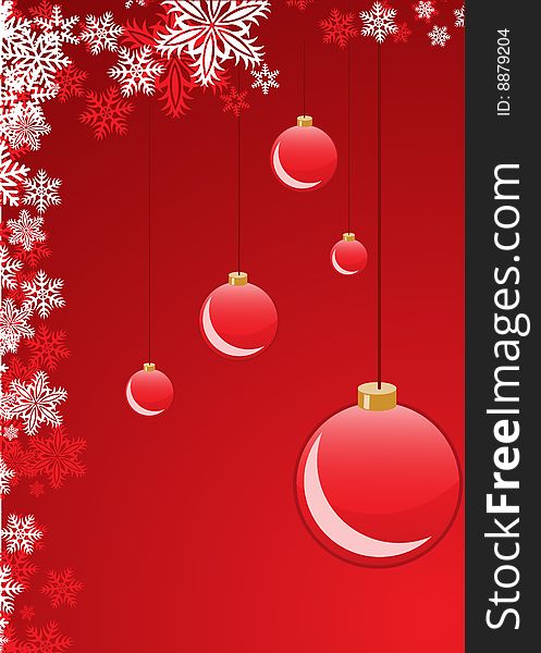 Vector illustration of Red Christmas Balls. Background with snowflakes and decoration for your design in red color