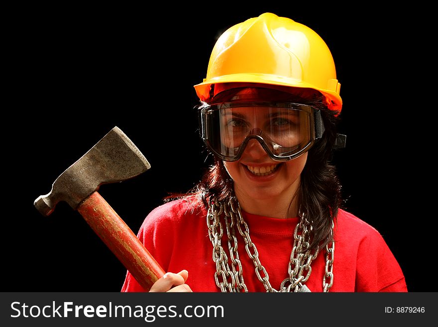 Young woman with chain and axe, isolated on black