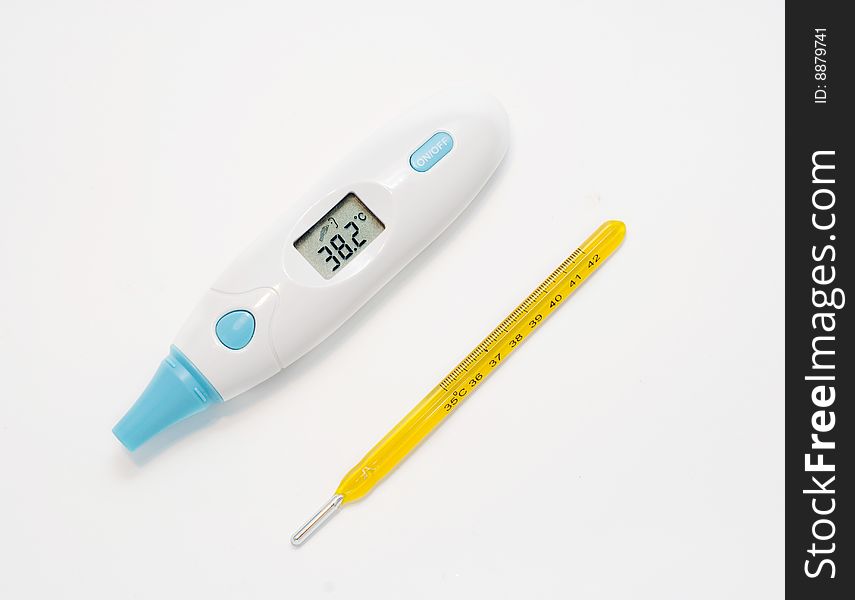 Two different thermometers on a white background