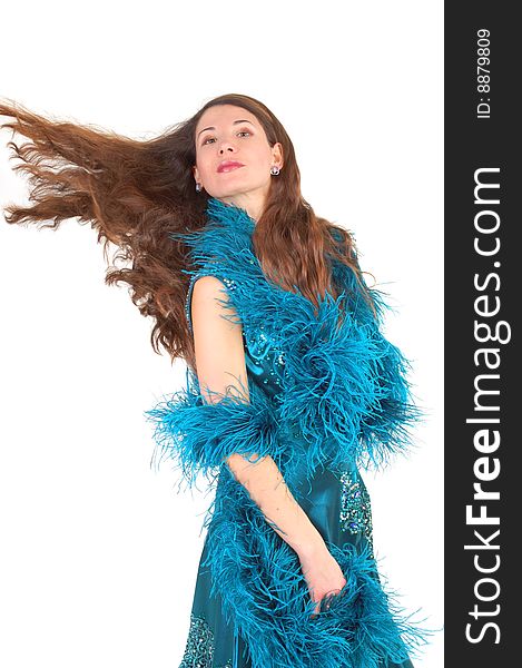 Ballroom dancer woman with hair flying on white background