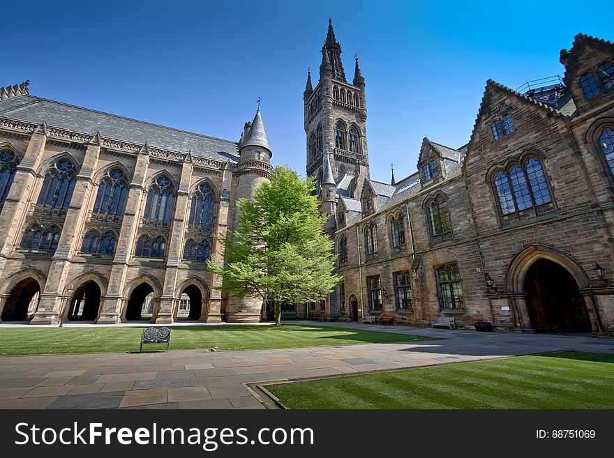 Here is a photograph taken from the west quadrangle inside the University of Glasgow. Located in Glasgow, Scotland, UK. Here is a photograph taken from the west quadrangle inside the University of Glasgow. Located in Glasgow, Scotland, UK.