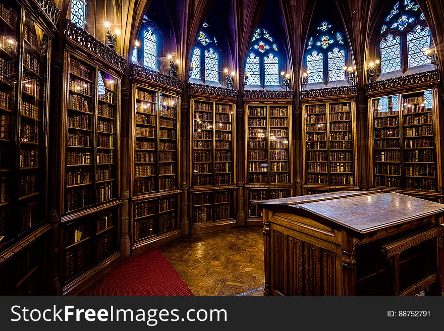 Here is an hdr photograph taken from the enclosure in the reading room inside The John Rylands Library. Located in Manchester, Greater Manchester, England, UK. Here is an hdr photograph taken from the enclosure in the reading room inside The John Rylands Library. Located in Manchester, Greater Manchester, England, UK.