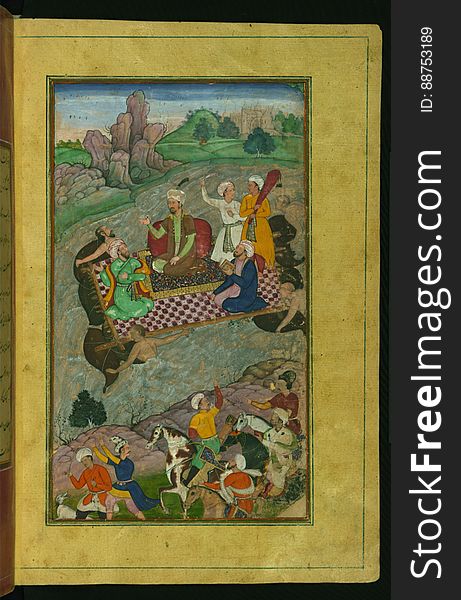 Babur, During His Second Hindustan Campaign, Riding A Raft From Kunar Back To Atar, From Illuminated Manuscript Baburnama &x28;Me