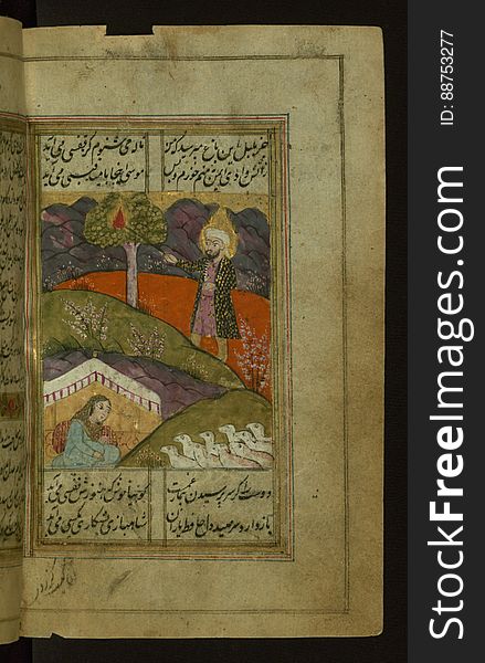 Collection of poems &#x28;divan&#x29;, Moses, holding a fiery rod, comes to meet his future wife, Walters Manuscript W.636, fol. 5