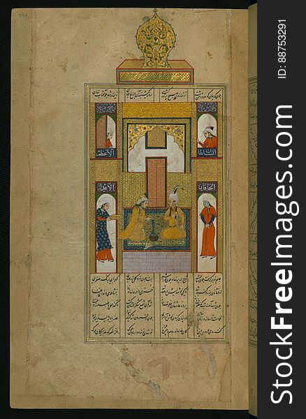An elegantly illuminated and illustrated copy of the Khamsah &#x28;quintet&#x29; of Niẓāmī Ganjavī &#x28;d.605 AH / 1209 CE&#x29; executed by Yār Muḥammad al-Haravī in 922 AH / 1516 CE. Written in four columns in black nastaʿlīq script, this manuscripts opens with a double-page decorative composition signed by ʿAbd al-Wahhāb ibn ʿAbd al-Fattāḥ ibn ʿAlī, of which this is one side. It contains 35 miniatures. The folio represents Bahrām Gūr in the golden pavilion. See this manuscript page by page at the Walters Art Museum website: art.thewalters.org/viewwoa.aspx?id=21272. An elegantly illuminated and illustrated copy of the Khamsah &#x28;quintet&#x29; of Niẓāmī Ganjavī &#x28;d.605 AH / 1209 CE&#x29; executed by Yār Muḥammad al-Haravī in 922 AH / 1516 CE. Written in four columns in black nastaʿlīq script, this manuscripts opens with a double-page decorative composition signed by ʿAbd al-Wahhāb ibn ʿAbd al-Fattāḥ ibn ʿAlī, of which this is one side. It contains 35 miniatures. The folio represents Bahrām Gūr in the golden pavilion. See this manuscript page by page at the Walters Art Museum website: art.thewalters.org/viewwoa.aspx?id=21272