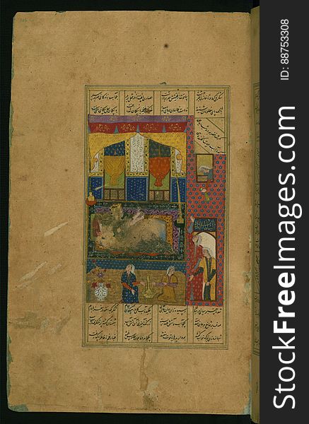 An elegantly illuminated and illustrated copy of the Khamsah &#x28;quintet&#x29; of Niẓāmī Ganjavī &#x28;d.605 AH / 1209 CE&#x29; executed by Yār Muḥammad al-Haravī in 922 AH / 1516 CE. Written in four columns in black nastaʿlīq script, this manuscripts opens with a double-page decorative composition signed by ʿAbd al-Wahhāb ibn ʿAbd al-Fattāḥ ibn ʿAlī, of which this is one side. It contains 35 miniatures. Khusraw and Shīrīn in their wedding chamber &#x28;smudged&#x29;. The inscription on the right reads al-sulṭān al-ʿādil. See this manuscript page by page at the Walters Art Museum website: art.thewalters.org/viewwoa.aspx?id=21272. An elegantly illuminated and illustrated copy of the Khamsah &#x28;quintet&#x29; of Niẓāmī Ganjavī &#x28;d.605 AH / 1209 CE&#x29; executed by Yār Muḥammad al-Haravī in 922 AH / 1516 CE. Written in four columns in black nastaʿlīq script, this manuscripts opens with a double-page decorative composition signed by ʿAbd al-Wahhāb ibn ʿAbd al-Fattāḥ ibn ʿAlī, of which this is one side. It contains 35 miniatures. Khusraw and Shīrīn in their wedding chamber &#x28;smudged&#x29;. The inscription on the right reads al-sulṭān al-ʿādil. See this manuscript page by page at the Walters Art Museum website: art.thewalters.org/viewwoa.aspx?id=21272