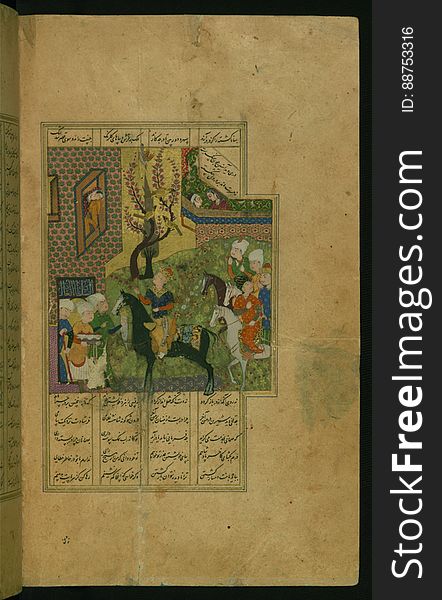 An elegantly illuminated and illustrated copy of the Khamsah &#x28;quintet&#x29; of Niẓāmī Ganjavī &#x28;d.605 AH / 1209 CE&#x29; executed by Yār Muḥammad al-Haravī in 922 AH / 1516 CE. Written in four columns in black nastaʿlīq script, this manuscripts opens with a double-page decorative composition signed by ʿAbd al-Wahhāb ibn ʿAbd al-Fattāḥ ibn ʿAlī, of which this is one side. It contains 35 miniatures.Khusraw coming on horseback to visit Shīrīn. See this manuscript page by page at the Walters Art Museum website: art.thewalters.org/viewwoa.aspx?id=21272. An elegantly illuminated and illustrated copy of the Khamsah &#x28;quintet&#x29; of Niẓāmī Ganjavī &#x28;d.605 AH / 1209 CE&#x29; executed by Yār Muḥammad al-Haravī in 922 AH / 1516 CE. Written in four columns in black nastaʿlīq script, this manuscripts opens with a double-page decorative composition signed by ʿAbd al-Wahhāb ibn ʿAbd al-Fattāḥ ibn ʿAlī, of which this is one side. It contains 35 miniatures.Khusraw coming on horseback to visit Shīrīn. See this manuscript page by page at the Walters Art Museum website: art.thewalters.org/viewwoa.aspx?id=21272