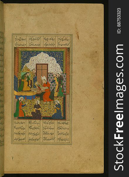 An elegantly illuminated and illustrated copy of the Khamsah &#x28;quintet&#x29; of Niẓāmī Ganjavī &#x28;d.605 AH / 1209 CE&#x29; executed by Yār Muḥammad al-Haravī in 922 AH / 1516 CE. Written in four columns in black nastaʿlīq script, this manuscripts opens with a double-page decorative composition signed by ʿAbd al-Wahhāb ibn ʿAbd al-Fattāḥ ibn ʿAlī, of which this is one side. It contains 35 miniatures.The folio represents Iskandar admiring his portrait ordered by Nūshābah. See this manuscript page by page at the Walters Art Museum website: art.thewalters.org/viewwoa.aspx?id=21272. An elegantly illuminated and illustrated copy of the Khamsah &#x28;quintet&#x29; of Niẓāmī Ganjavī &#x28;d.605 AH / 1209 CE&#x29; executed by Yār Muḥammad al-Haravī in 922 AH / 1516 CE. Written in four columns in black nastaʿlīq script, this manuscripts opens with a double-page decorative composition signed by ʿAbd al-Wahhāb ibn ʿAbd al-Fattāḥ ibn ʿAlī, of which this is one side. It contains 35 miniatures.The folio represents Iskandar admiring his portrait ordered by Nūshābah. See this manuscript page by page at the Walters Art Museum website: art.thewalters.org/viewwoa.aspx?id=21272