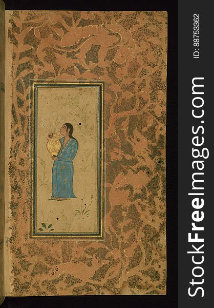This small anthology of Persian poetry consisting of poems by such authors as Jāmī, Azārī, Fayz̤ī, Navāʾī, and Saʿdī was put together by an anonymous scribe in 1105 AH / 1693 CE. Illustrated with six miniatures, the margins of this manuscript are embellished with stenciled designs of angels, men and animals. The illumination depicts a woman holding a vase of flowers. See this manuscript page by page at the Walters Art Museum website: art.thewalters.org/viewwoa.aspx?id=19402. This small anthology of Persian poetry consisting of poems by such authors as Jāmī, Azārī, Fayz̤ī, Navāʾī, and Saʿdī was put together by an anonymous scribe in 1105 AH / 1693 CE. Illustrated with six miniatures, the margins of this manuscript are embellished with stenciled designs of angels, men and animals. The illumination depicts a woman holding a vase of flowers. See this manuscript page by page at the Walters Art Museum website: art.thewalters.org/viewwoa.aspx?id=19402