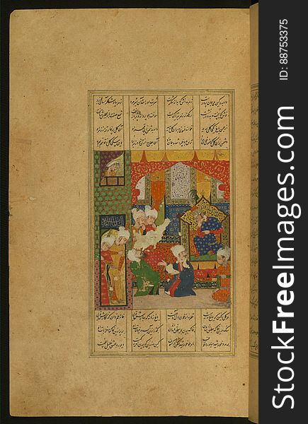 An elegantly illuminated and illustrated copy of the Khamsah &#x28;quintet&#x29; of Niáº“ÄmÄ« GanjavÄ« &#x28;d.605 AH / 1209 CE&#x29; executed by YÄr Muá¸¥ammad al-HaravÄ« in 922 AH / 1516 CE. Written in four columns in black nastaÊ¿lÄ«q script, this manuscripts opens with a double-page decorative composition signed by Ê¿Abd al-WahhÄb ibn Ê¿Abd al-FattÄá¸¥ ibn Ê¿AlÄ«, of which this is one side. It contains 35 miniatures. Two scholars quarreling in the presence of the king. The inscription on the left reads al-sulá¹­Än al-Ê¿Ädil. See this manuscript page by page at the Walters Art Museum website: art.thewalters.org/viewwoa.aspx?id=21272. An elegantly illuminated and illustrated copy of the Khamsah &#x28;quintet&#x29; of Niáº“ÄmÄ« GanjavÄ« &#x28;d.605 AH / 1209 CE&#x29; executed by YÄr Muá¸¥ammad al-HaravÄ« in 922 AH / 1516 CE. Written in four columns in black nastaÊ¿lÄ«q script, this manuscripts opens with a double-page decorative composition signed by Ê¿Abd al-WahhÄb ibn Ê¿Abd al-FattÄá¸¥ ibn Ê¿AlÄ«, of which this is one side. It contains 35 miniatures. Two scholars quarreling in the presence of the king. The inscription on the left reads al-sulá¹­Än al-Ê¿Ädil. See this manuscript page by page at the Walters Art Museum website: art.thewalters.org/viewwoa.aspx?id=21272