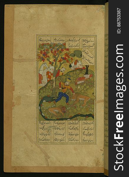 An elegantly illuminated and illustrated copy of the Khamsah &#x28;quintet&#x29; of Niẓāmī Ganjavī &#x28;d.605 AH / 1209 CE&#x29; executed by Yār Muḥammad al-Haravī in 922 AH / 1516 CE. Written in four columns in black nastaʿlīq script, this manuscripts opens with a double-page decorative composition signed by ʿAbd al-Wahhāb ibn ʿAbd al-Fattāḥ ibn ʿAlī, of which this is one side. It contains 35 miniatures. The folio represents Bahrām Gūr killing two lions. See this manuscript page by page at the Walters Art Museum website: art.thewalters.org/viewwoa.aspx?id=21272. An elegantly illuminated and illustrated copy of the Khamsah &#x28;quintet&#x29; of Niẓāmī Ganjavī &#x28;d.605 AH / 1209 CE&#x29; executed by Yār Muḥammad al-Haravī in 922 AH / 1516 CE. Written in four columns in black nastaʿlīq script, this manuscripts opens with a double-page decorative composition signed by ʿAbd al-Wahhāb ibn ʿAbd al-Fattāḥ ibn ʿAlī, of which this is one side. It contains 35 miniatures. The folio represents Bahrām Gūr killing two lions. See this manuscript page by page at the Walters Art Museum website: art.thewalters.org/viewwoa.aspx?id=21272